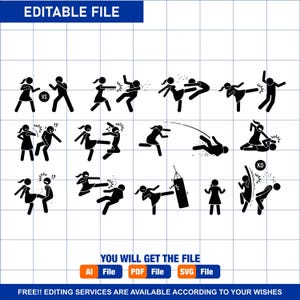 Woman Beating Man Male vs Female Girl Fight Boy Funny Cartoon Punch Kick Slap Uppercut Self Defend Stickman Stick Figure EPS PNG SVG Vector