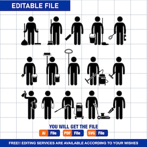 Domestic Cleaner Clean Man Person with Cleaning Tools and Equipment Broom Brush Stick Figure Pictogram Icons PNG SVG EPS Vector Download