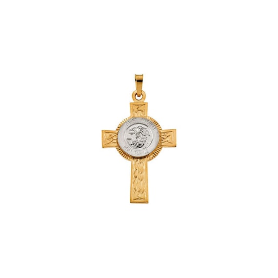 14k Solid Gold St Michael Cross Pendant White And Yellow - St Michael Gold Pendant 14k Solid Gold St Michael Cross Pendant White And Yellow - St Michael Gold Pendant