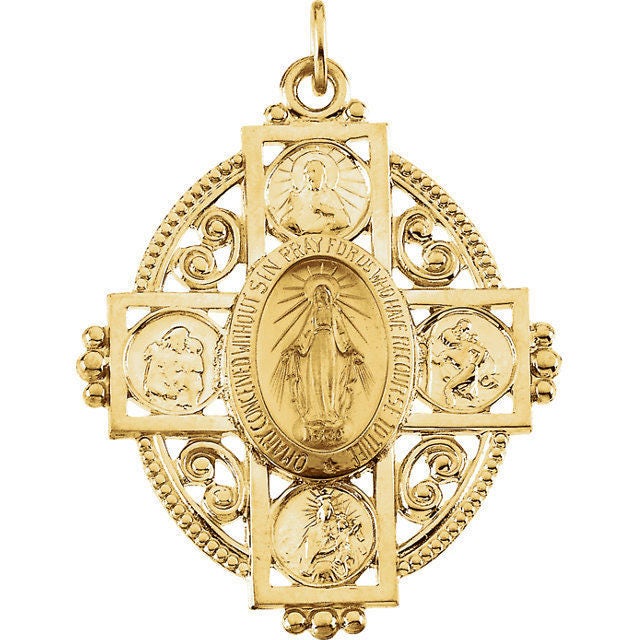 14k Large Gold Miraculous Medal Cross 