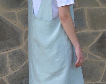 Mint Linen  Apron, Cross back with Pockets, Cross back overall