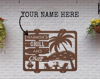 Personalized Outdoor Grill and Chill Metal Wall Sign, Custom Pool Sign, Custom Metal Signs, Family Last Name Sign, Personalized Wedding Gift