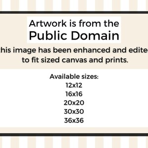 Op de afbeelding: Een rechthoekige afbeelding met een zwarte rand en een beige achtergrond. De tekst "Artwork is from the Public Domain" staat bovenaan. Hieronder staat dat de afbeelding is verbeterd en bewerkt om te passen op canvas en prints. Beschikbare maten worden in cm vermeld.