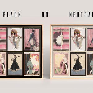 Op de afbeelding: Ingelijste vintage Vogue magazine covers. De kunstwerken tonen illustraties van vrouwen in elegante kleding, met een kleurenpalet van roze, zwart en beige. De frames zijn verkrijgbaar in zwart of neutrale houttinten.