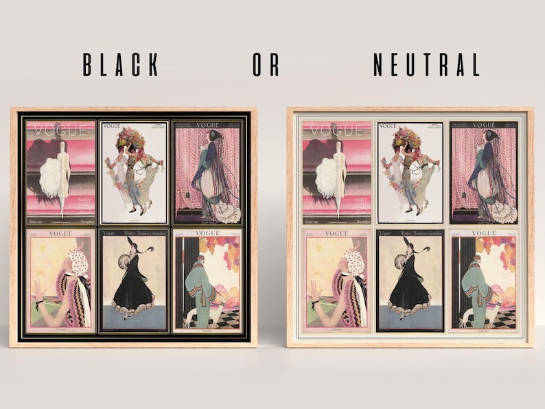 Op de afbeelding: Ingelijste vintage Vogue magazine covers. De kunstwerken tonen illustraties van vrouwen in elegante kleding, met een kleurenpalet van roze, zwart en beige. De frames zijn verkrijgbaar in zwart of neutrale houttinten.