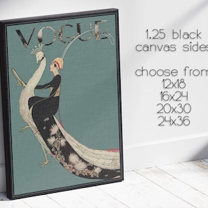 May include: Framed canvas art print featuring a vintage Vogue cover illustration. The artwork depicts a woman riding a peacock, with the Vogue logo at the top. The canvas has 1.25-inch black sides and is available in various sizes.