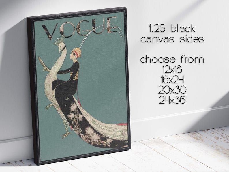 May include: Framed canvas art print featuring a vintage Vogue cover illustration. The artwork depicts a woman riding a peacock, with the Vogue logo at the top. The canvas has 1.25-inch black sides and is available in various sizes.
