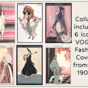 Op de afbeelding: Een collage van zes vintage VOGUE magazine covers uit de jaren 1900. De covers tonen illustraties van vrouwen in modieuze kleding, met de tekst "VOGUE" en "Fashion Covers". De collage bevat de tekst "Collage includes 6 iconic VOGUE Fashion Covers from the 1900s".