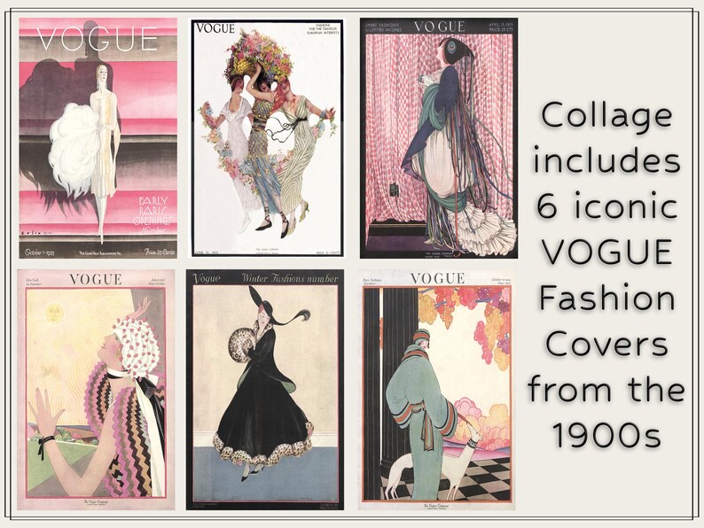 Op de afbeelding: Een collage van zes vintage VOGUE magazine covers uit de jaren 1900. De covers tonen illustraties van vrouwen in modieuze kleding, met de tekst "VOGUE" en "Fashion Covers". De collage bevat de tekst "Collage includes 6 iconic VOGUE Fashion Covers from the 1900s".