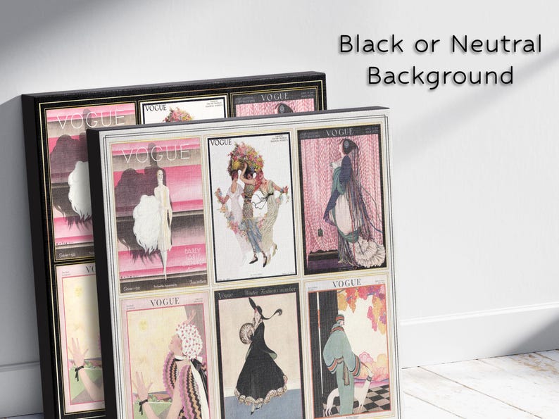 Op de afbeelding: Twee ingelijste Vogue-magazinecovers met vintage illustraties. De frames zijn zwart en wit, met het Vogue-logo op elke cover. De illustraties tonen vrouwen in elegante poses en outfits.