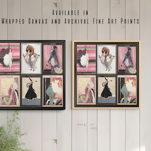 Op de afbeelding: Twee ingelijste kunstdrukken met vintage Vogue-magazinecovers. Elk frame bevat zes afbeeldingen met illustraties van vrouwen in elegante kleding. De tekst "AVAILABLE IN WRAPPED CANVAS AND ARCHIVAL FINE ART PRINTS" staat erboven.