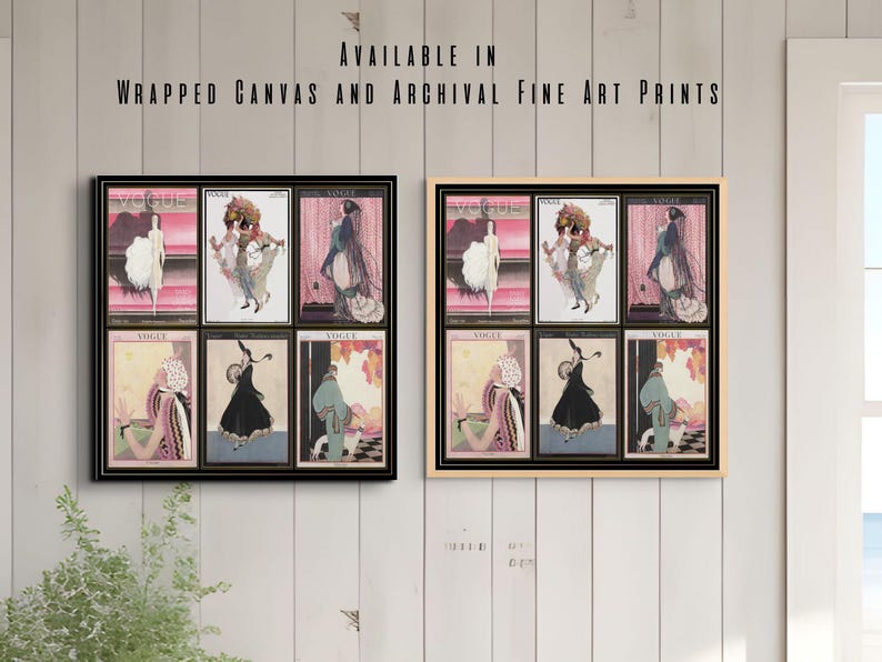 Op de afbeelding: Twee ingelijste kunstdrukken met vintage Vogue-magazinecovers. Elk frame bevat zes afbeeldingen met illustraties van vrouwen in elegante kleding. De tekst "AVAILABLE IN WRAPPED CANVAS AND ARCHIVAL FINE ART PRINTS" staat erboven.