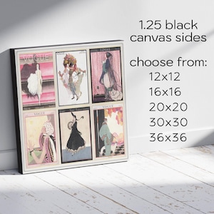Op de afbeelding: Een ingelijste canvas print met zes vintage Vogue magazine covers. Het kunstwerk toont illustraties in roze, zwart en pastelkleuren. Verkrijgbaar in verschillende maten, waaronder 30x30 cm, 40x40 cm en 50x50 cm.