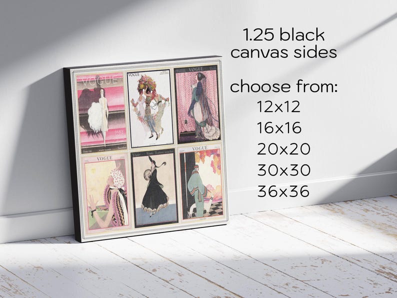 Op de afbeelding: Een ingelijste canvas print met zes vintage Vogue magazine covers. Het kunstwerk toont illustraties in roze, zwart en pastelkleuren. Verkrijgbaar in verschillende maten, waaronder 30x30 cm, 40x40 cm en 50x50 cm.