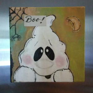 Imán de 4x4, fantasma pintado a mano sobre lienzo, decoración de bandeja escalonada, imán, mini lienzo de 4x4, fantasma, arte de Halloween, técnica mixta de Halloween