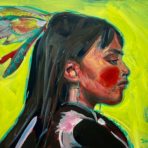May include: A painting of a person with long dark hair wearing a black shirt and a feathered headdress. The background is a bright yellow.