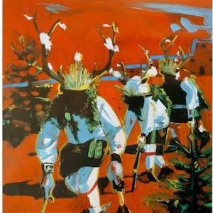 Red Dawn Deer Dancers, Print from an Original Oil Painting, New Mexico Painting, Southwest Art, Fine Art Prints, Wall Art, New Mexico Decor