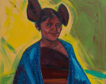 May include: A portrait painting of a person with dark hair styled in two large buns. The person is wearing a blue shawl with white polka dots over a dark top. The background is a mix of yellow and green brushstrokes.