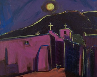 Gato preto, pintura a óleo original, pintura do Novo México, arte do sudoeste, arte de parede, decoração do Novo México, pintura em tela, decoração do sudoeste