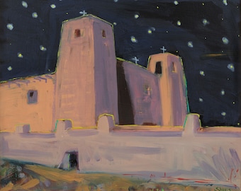 May include: A painting of a pink adobe building with two bell towers under a dark blue night sky with white stars. The building has a wall in front of it and a small door in the wall.