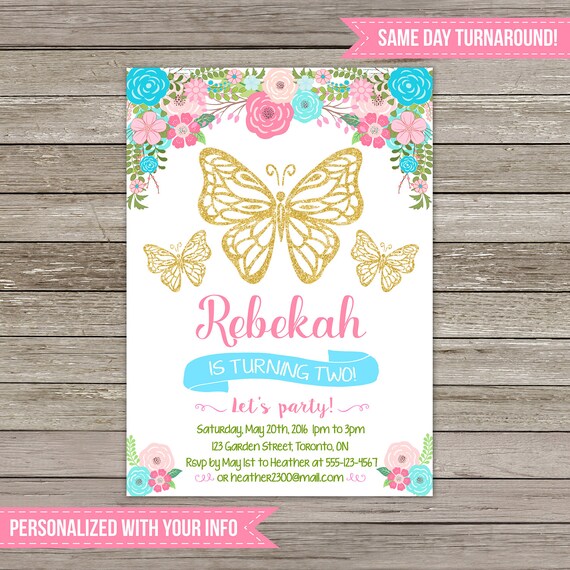 Butterfly Invitation | Butterfly Birthday Party | Floral Boho Chic Gold Garden Party | Print Yourself Il_570xn
