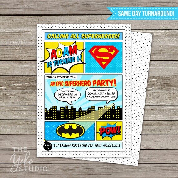 Superhero Invitation Superhero Birthday Party Batman Superman