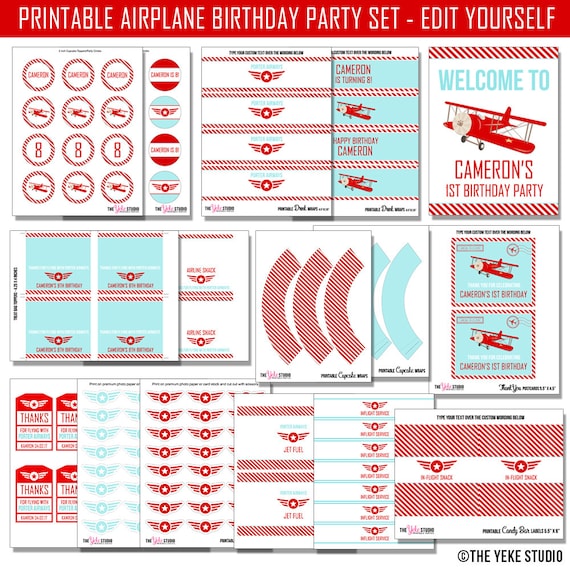 Airplane Printable Party Set | Airplane Birthday Party | Editable Party Set | Instant Download | DIY Printable Il_570xn