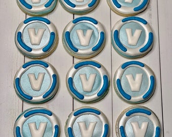 one 1 dozen 3 5 inch custom v bucks sugar cookies great for party favors birthday parties or just a sweet treat - fortnite v bucks 999