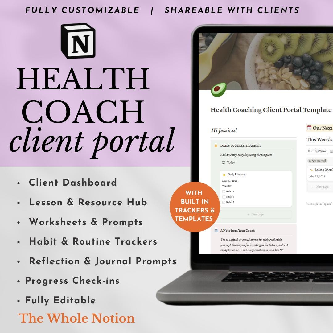 Notion Wellness Coach Client Portal Notion Template | Editable Wellness ...