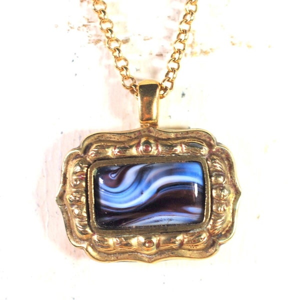 Georgian Scottish Blue Agate Pendant Converted From Small Antique Early 1800s Brooch With Modern Gold Filled Components