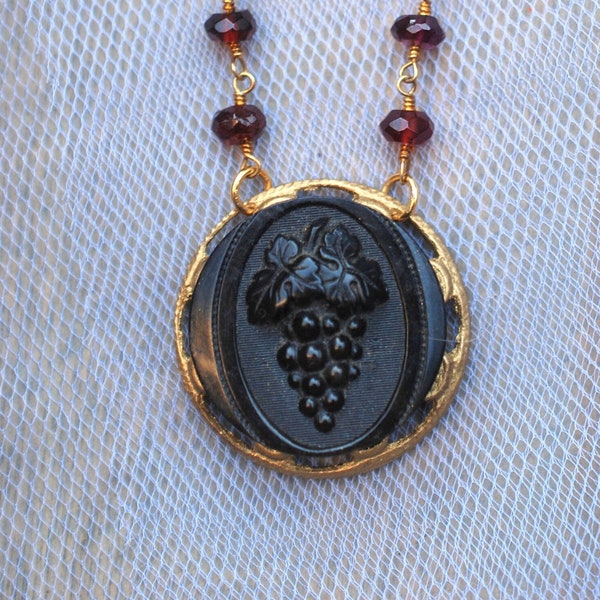 Victorian Black Mourning Pressed Horn Grape Cluster Button Pendant on Red Garnet Gemstone Bead Chain, Repurposed 1800s Antique OOAK Necklace