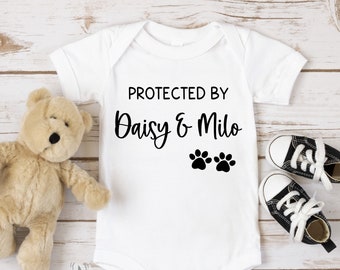 Custom Dog Baby bodysuit - Pregnancy Announcement - Protected by My Dog Baby Bodysuit - Cute Pet Baby Bodysuit - Personalized Dog Name.