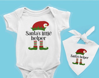 Christmas Dog Bandana And Baby Bodysuit Matching  Set - Dog And Baby Gift - Matching Dog and Baby -  Baby Shower Gift - Santa's Helper.