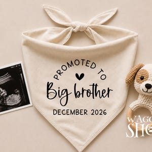 May include: A cream-colored fabric pet bandana tied at the top with the black text PROMOTED TO Big brother DECEMBER 2026 and a small heart. Beside it is a black and white ultrasound scan and a small crocheted puppy toy with a wooden ring.