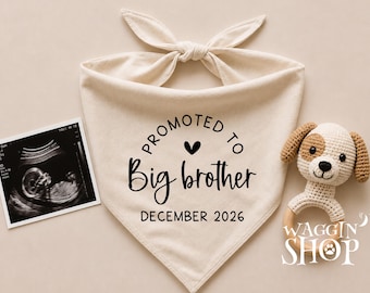 May include: A cream-colored fabric pet bandana tied at the top with the black text PROMOTED TO Big brother DECEMBER 2026 and a small heart. Beside it is a black and white ultrasound scan and a small crocheted puppy toy with a wooden ring.