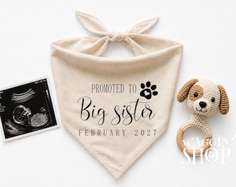 May include: A beige pet bandana featuring the black text PROMOTED TO Big sister FEBRUARY 2027 with a paw print icon, a black and white ultrasound scan, and a small crocheted dog rattle with a wooden ring handle on a plain white background.