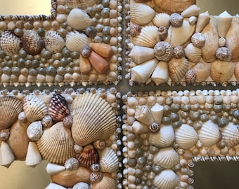 Handmade Seashell Mirror, Coastal Decor, Brown Ivory Burgundy Shells