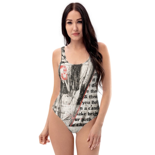 Monochrome One-Piece Designer Swimsuit with Artist Pattern - into my arms