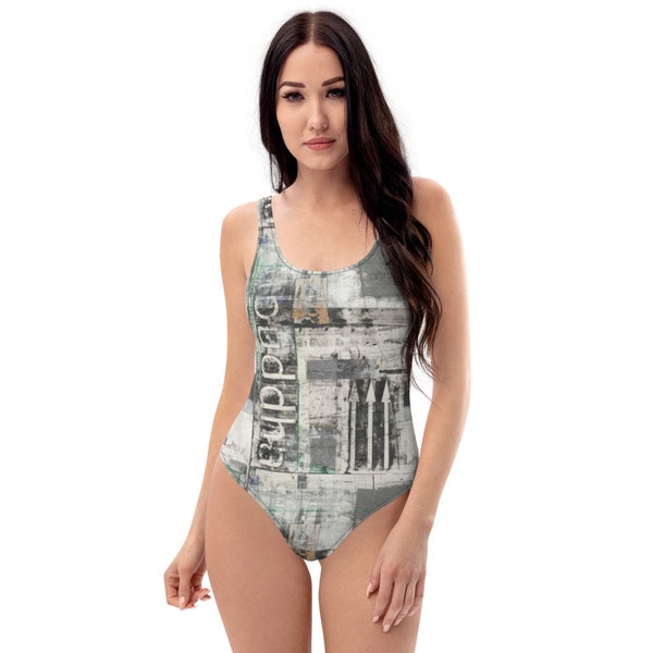 Mindful grey Swimsuit with abstract Art pattern - buddha yin