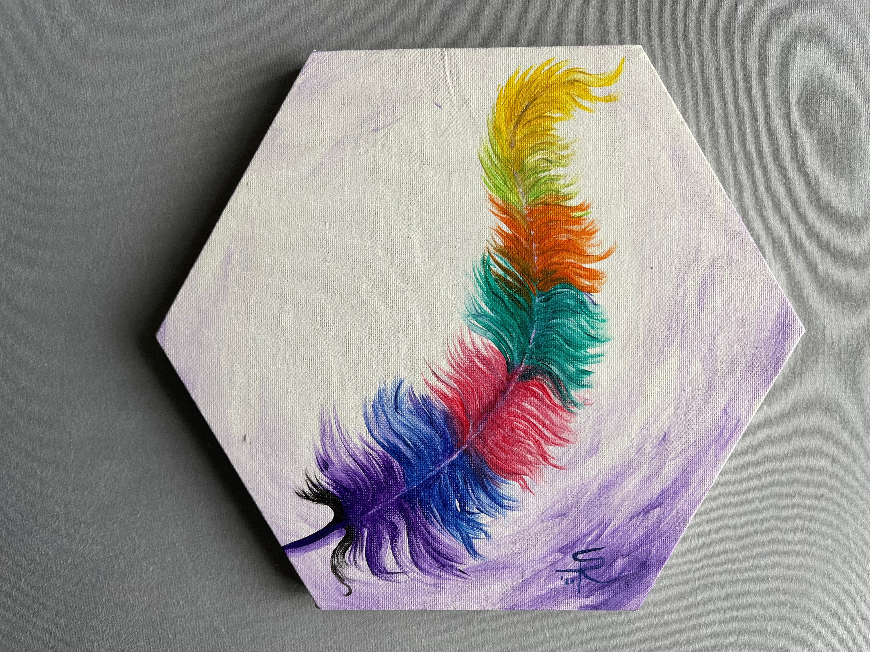 Colourful Feather Painting on Hexagon Canvas Etsy UK