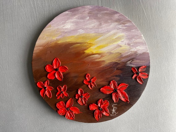 Round Canvas Oil Painting , Original Artwork, Signed Contemporary Artist,  Flowers Embossed , Floral Abstract. 