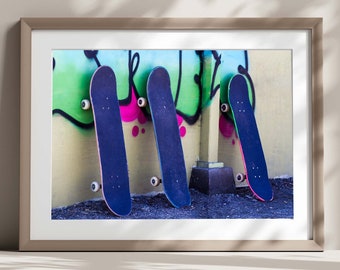 Photographic print of Skateboards On Graffiti Wall, Graffiti Photo Print, Teenager Wall Art, Sports,Teenager Gifts, Green,Blue,Pink,yellow