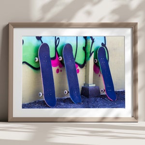 Photographic print of Skateboards On Graffiti Wall, Graffiti Photo Print, Teenager Wall Art, Sports,Teenager Gifts, Green,Blue,Pink,yellow
