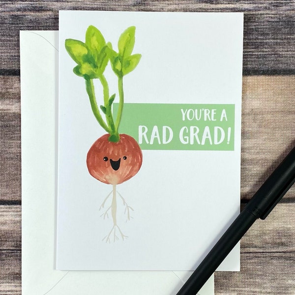 Cute Radish Graduation Card, Vegetable Food Pun, high school grad, university, middle school, dad joke