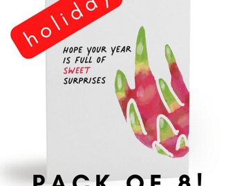 Cute Chinese Lunar New Year Dragon Fruit Card - Pack of 8 Holiday Greeting