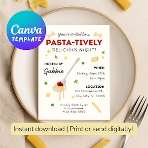 Editable Pasta Party Invitation | 5x7 Canva Template | Printable Dinner Party Invite | Italian Food Party | Pasta Night | Instant Download