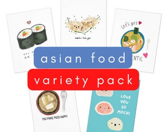 Funny Asian Food Valentine or Anniversary Love Cards - Sushi, Ramen, Dumpling Puns 5 ct