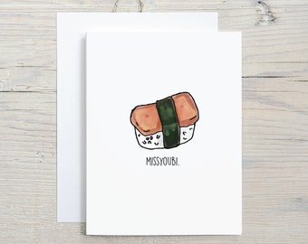 Funny Long Distance Spam Musubi Miss You Card - Thinking of You - Love Card for boyfriend girlfriend- friendship card - military - hawaiian