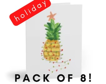 Pack of 8 Christmas Holiday Pineapple Tropical Cards - merry Christmas, happy holidays, beach, watercolor starfish