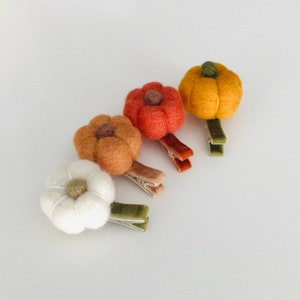 May include: Four felt pumpkin hair clips in shades of orange, yellow, and white. Each clip has a different colored felt pumpkin attached to a metal clip with a velvet ribbon. The pumpkins have a stem detail.